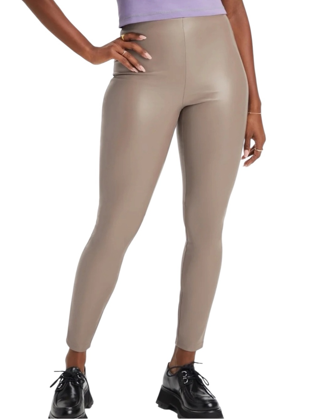Fabletics Vegan Leather High Wais Legging Pants in Taupe Minimalist Casual sz M